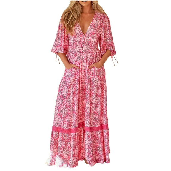 ibuvkizy Women Plus Size Dress,Womens Fashion Summer Dress,Bohemian Printed Long Dress V-neck Button Up Dress Short Sleeved V-neck Ankle Dress,Maxi Dress,Sun Dresses Maxi Dresses for Women 2025