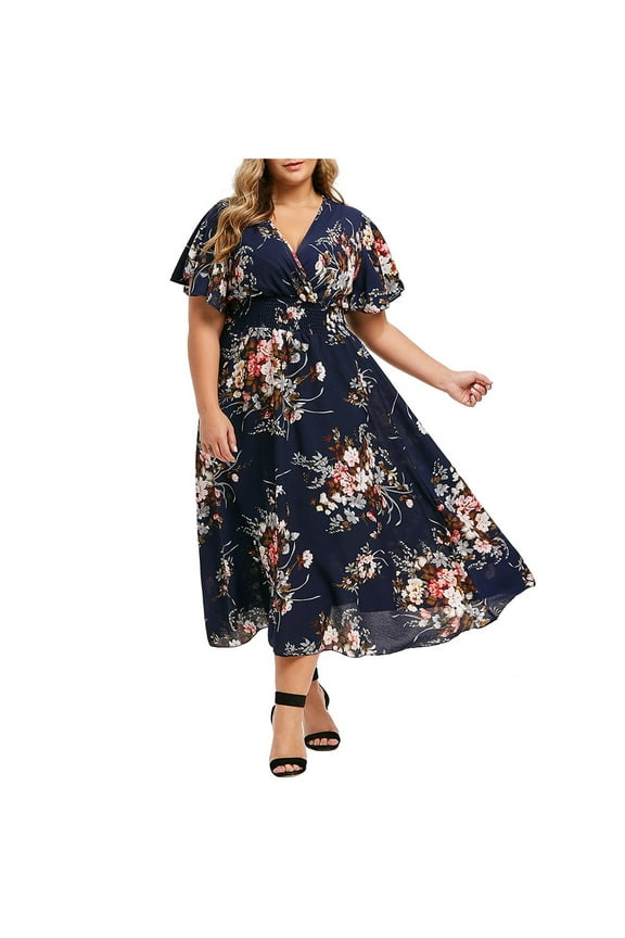 Women Plus Size Dress,Womens Fashion Summer Dress,Plus Size Fashion Women Floral Printed V-Neck Short Sleeve Casual Dress,Maxi Dress,Sun Dresses Maxi Dresses for Women 2025