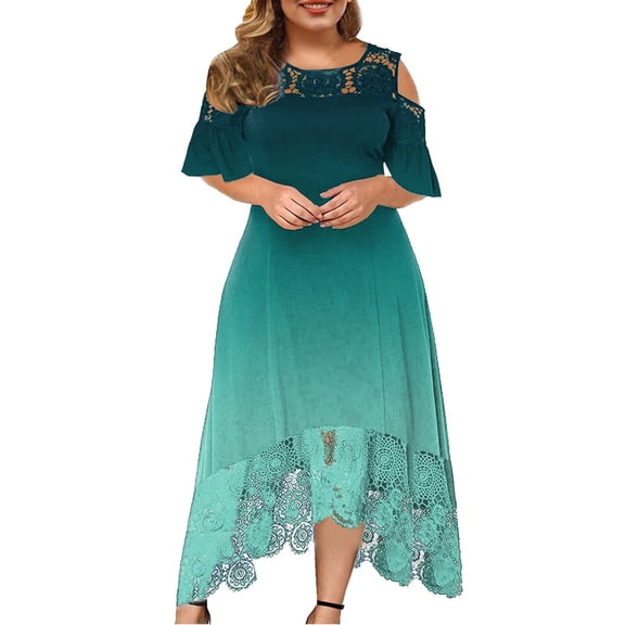 ibuvkizy Women Plus Size Dress,Womens Fashion Summer Dress,Plus Size Women Sexy Ruffle Strapless Splicing Lace Splicing Short Sleeve Dresses,Maxi Dress,Sun Dresses,Maxi Dresses for Women
