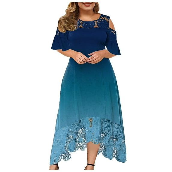 ibuvkizy Women Plus Size Dress,Womens Fashion Summer Dress,Plus Size Women Sexy Ruffle Strapless Splicing Lace Splicing Short Sleeve Dresses,Maxi Dress,Sun Dresses Maxi Dresses for Women 2025