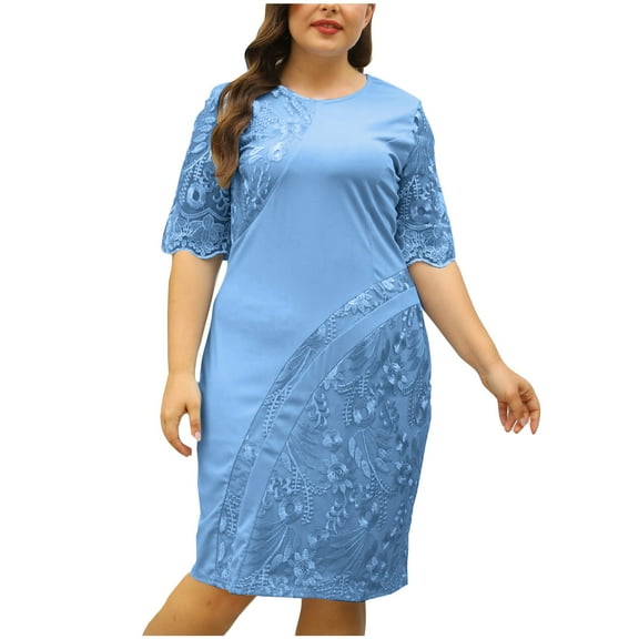 ibuvkizy Women Plus Size Dress,Womens Fashion Summer Dress,Versatile Comfort Temperament Solid Color Large Half Sleeved Lace Patchwork Dress,Maxi Dress,Sun Dresses Maxi Dresses for Women 2025