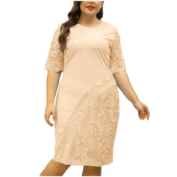 ibuvkizy Women Plus Size Dress,Womens Fashion Summer Dress,Versatile Comfort Temperament Solid Color Large Half Sleeved Lace Patchwork Dress,Maxi Dress,Sun Dresses Maxi Dresses for Women 2025