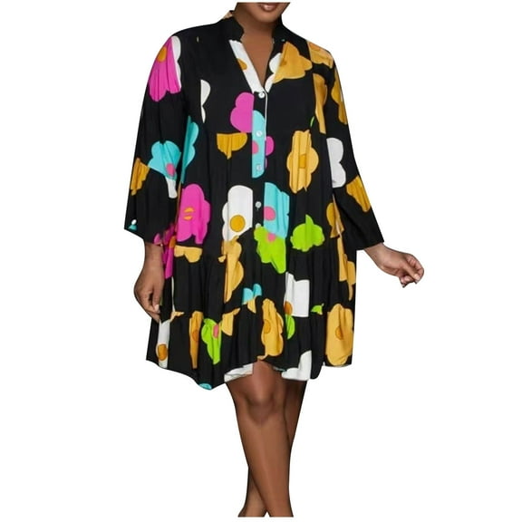 ibuvkizy Women Plus Size Dress,Womens Fashion Summer Dress,Women'S V-Neck Shirt Dress Loose Print Long-Sleeved Plus-Size Dress,Maxi Dress,Sun Dresses Maxi Dresses for Women 2025