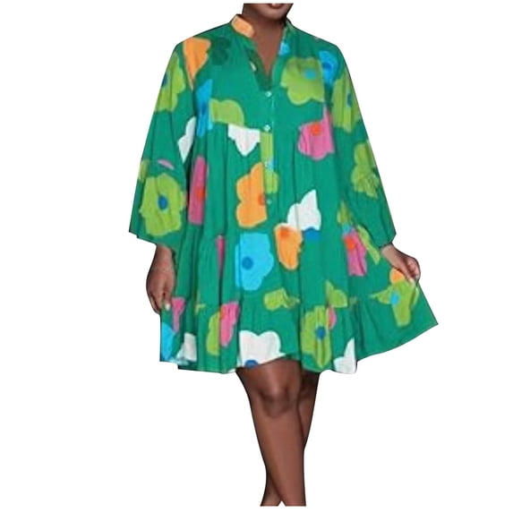 ibuvkizy Women Plus Size Dress,Womens Fashion Summer Dress,Women'S V-Neck Shirt Dress Loose Print Long-Sleeved Plus-Size Dress,Maxi Dress,Sun Dresses Maxi Dresses for Women 2025