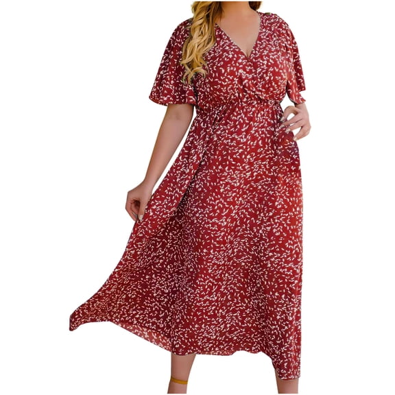 ibuvkizy Women Plus Size Dress,Womens Fashion Summer Dress,Women's Casual Sexy Fashion Summer V Neck Short Sleeve Loose Printing Plus Size Dress,Maxi Dress,Sun Dresses Maxi Dresses for Women 2025