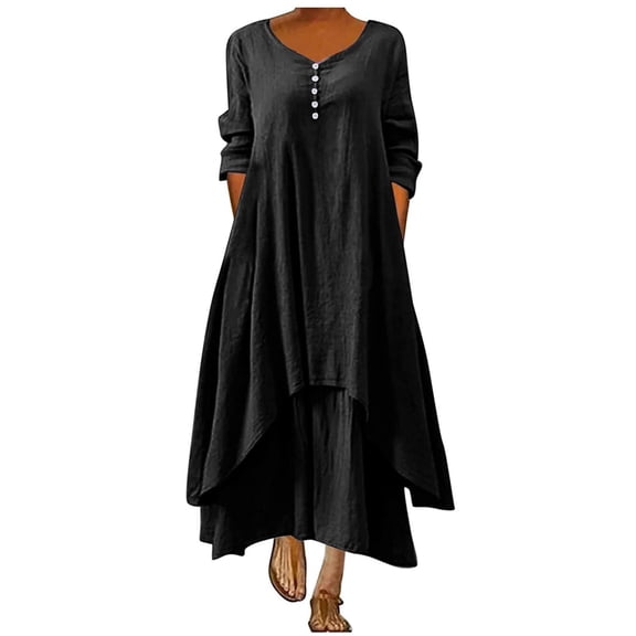 Women Plus Size Dresses Plus Size Round-Neck Solid Long Dress Helf Sleeve Buttons Dress