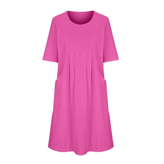 Women Plus Size Dresses Clearance Summer Solid Color Round Neck Short Sleeve Cotton Linen Dress