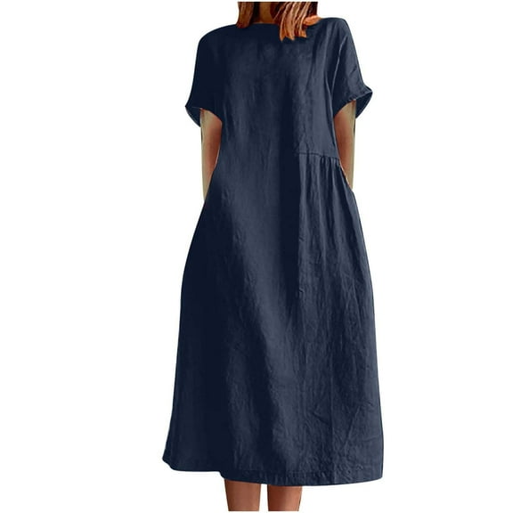 Women Plus Size Dresses Summer Solid Color Round Neck Short Sleeve Cotton Linen Dress