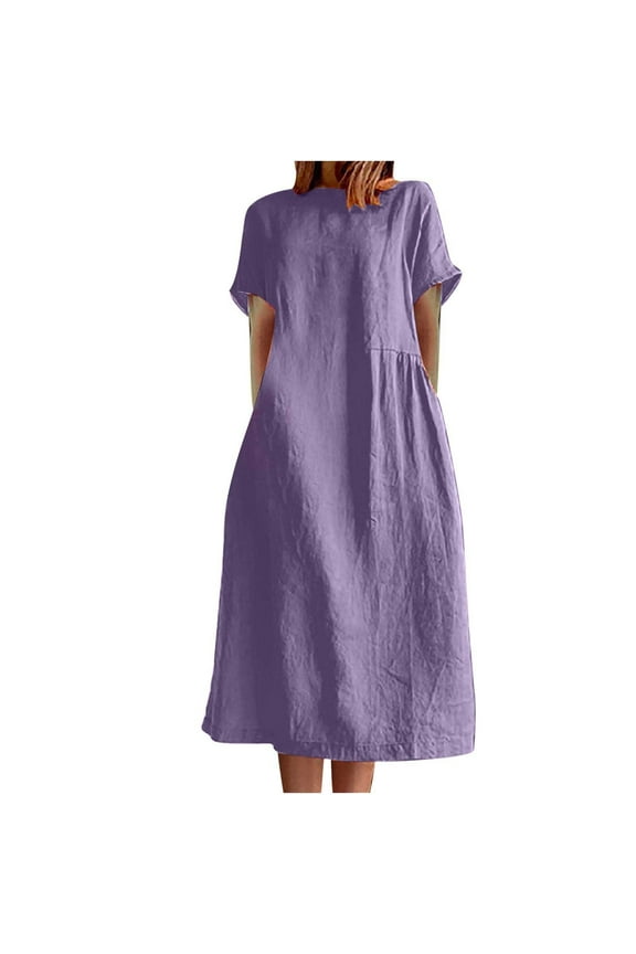 Women Plus Size Dresses Summer Solid Color Round Neck Short Sleeve Cotton Linen Dress