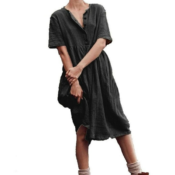 Women Plus Size Dresses Summer Solid Color Round Neck Short Sleeve Cotton Linen Dress