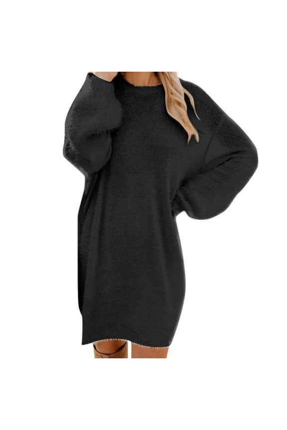 Women Plus Size Dresses Winter Sweater Knit Turtleneck Warm Long Sleeve Pocket Mini Sweater Dress