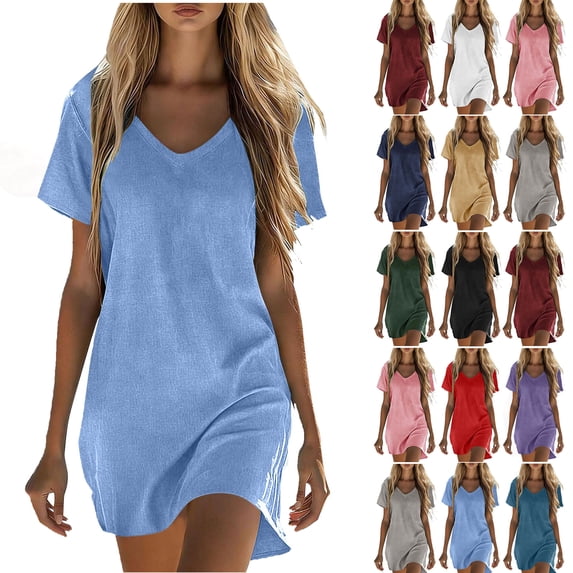 Women Plus Size Dresses Fashion Women Loose V-Neck Summer Solid Short Sleeve Cotton And Linen Dress Blue L