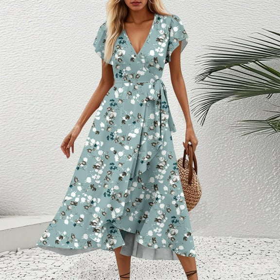 Women Casual Dresses Printing Dress Sexy V-Neck Short Sleeved Dresses Bandage Comfortable Dresses