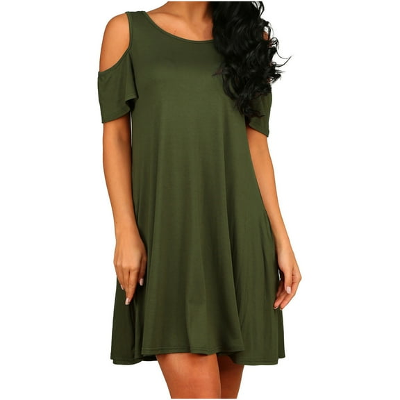 Women Plus Size Dresses Short Sleeve Cold Shoulder Casual T-Shirt Swing Dress with Pockets