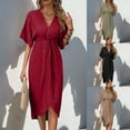 thumbnail image 1 of Women Plus Size Dresses Summer Casual A-Line Short Sleeve V-Neck Irregular Hem Vacation Long Dresses for Women Beach Fashion Khaki M, 1 of 10