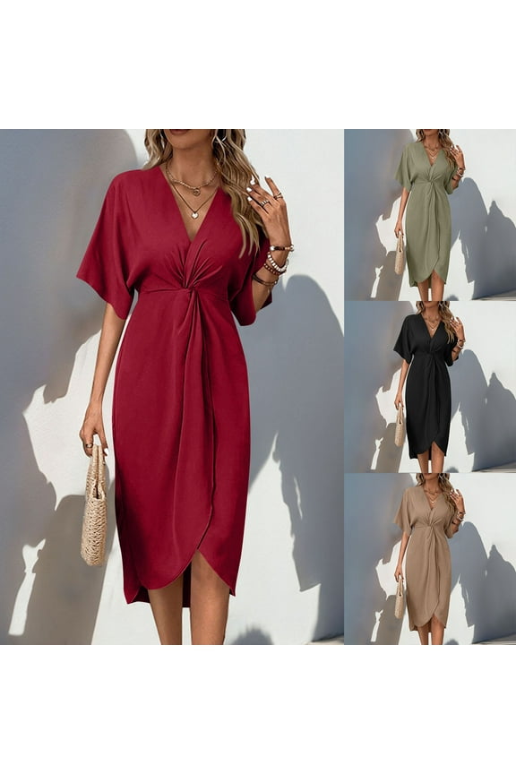 Women Plus Size Dresses Summer Casual A-Line Short Sleeve V-Neck Irregular Hem Vacation Long Dresses for Women Beach Fashion Wine S