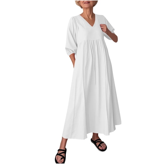 Women Plus Size Dresses V Neck 3/4 Sleeve Smocked High Waist Summer Flowy A Line Maxi Dress 2025 Boho Beach Dresses
