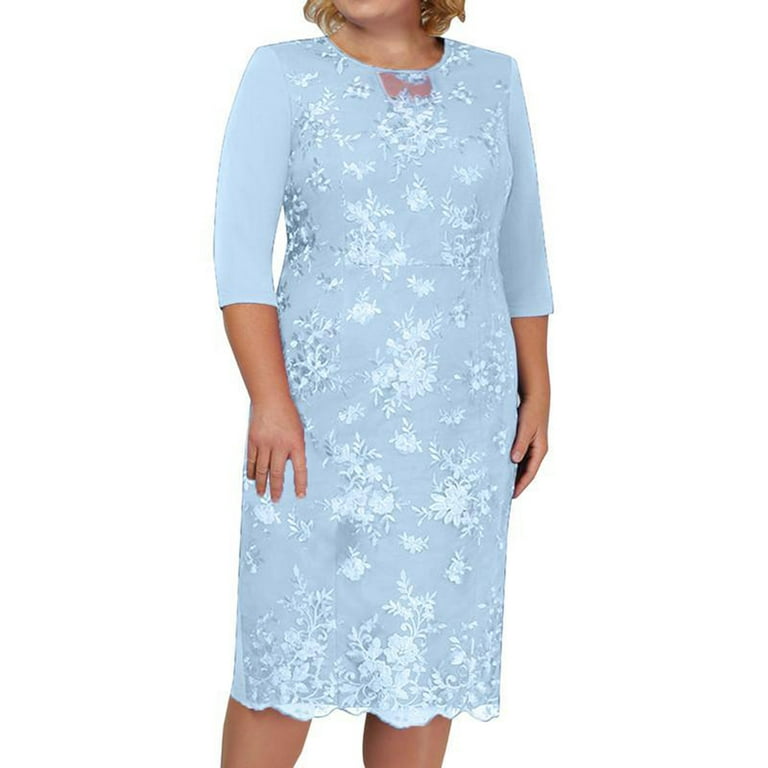 Women Plus Size Dresses for Wedding Guest Lace Floral Print Dress Keyhole  3/4 Sleeve Dress Casual Midi Dress Womens Dresses for Wedding Guest vestidos  de verano para mujer 