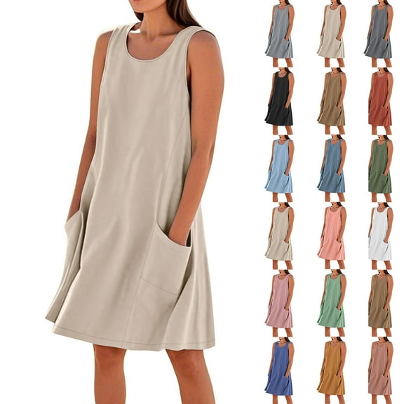Women Plus Size Dresses with Pockets Sleeveless Crew Neck Summer Casual Loose Fitness Beach Midi Tank Dress Beige 3XL