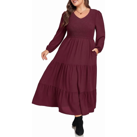 Women Plus Size Fall Dresses Long Sleeve V Neck Dress Maxi Casual Flowy Tiered 2026 Dress with Pockets