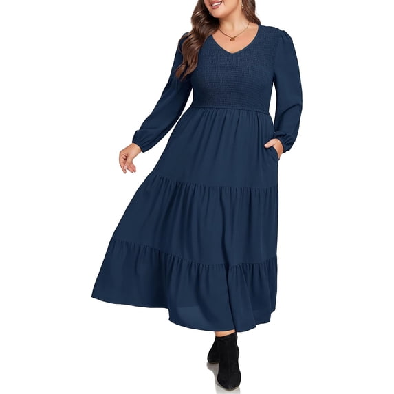 Women Plus Size Fall Dresses Long Sleeve V Neck Dress Maxi Casual Flowy Tiered 2026 Dress with Pockets
