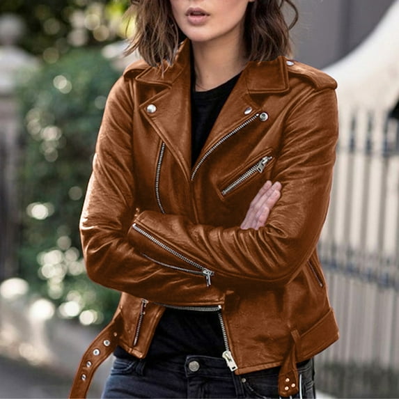 Women Plus Size Fashion Leather Jacket Long Sleeve Zipper Fitted Artificial Leather Coat Fall Short Jacket Slim Coat