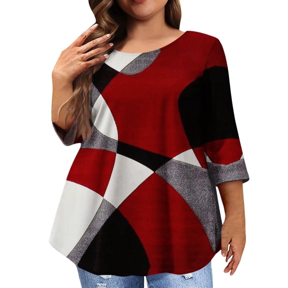 Women Plus Size Fashion Tops Fall Crew Neck Plus Size Tee Tops Casual 3/4 Length Sleeve Tops Floral Printed Loose Fit Shirt