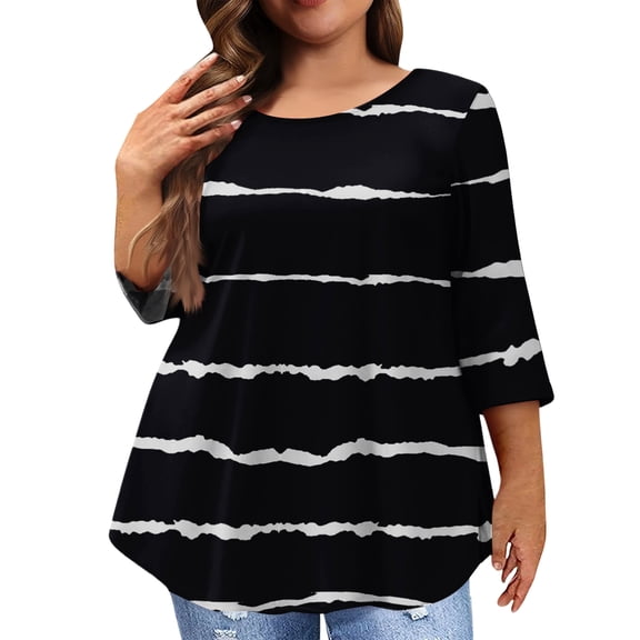 Women Plus Size Fashion Tops Spring 3/4 Length Sleeve 4x-5x Tops Casual Crew Neck Tee Tops Floral Printed Loose Fit Shirt