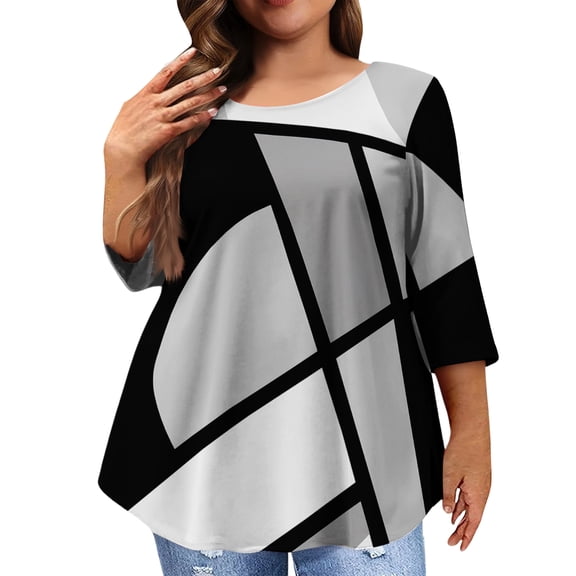 Women Plus Size Fashion Tops Spring 3/4 Length Sleeve Plus Size Tee Casual Crew Neck Tee Tops Floral Printed Loose Shirts