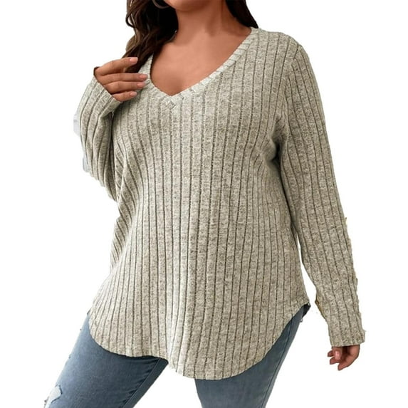 Women Plus Size Fitted Sweaters Fall Winter 2024 Cute Pullover V Neck Knit Sweater Long Sleeve Basic Tops Shirt Jumper