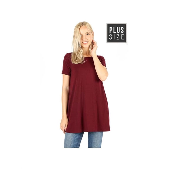 Women Plus Size Flared Short Sleeve Boat Neck Top with Pockets Tee Tunic