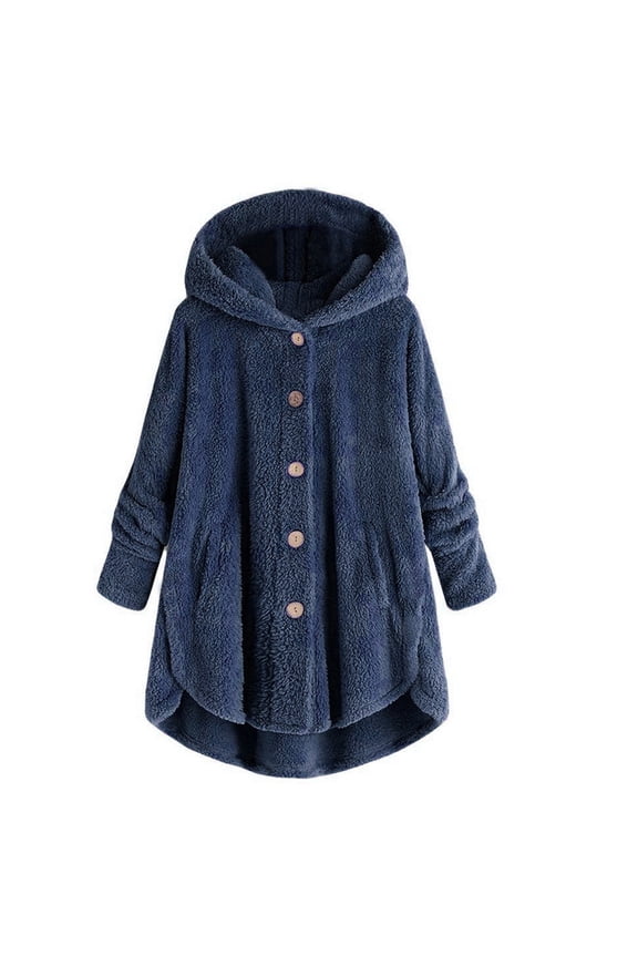 Women Plus Size Fleece Jackets Winter Button Jackets Plush Hooded Cardigan Wool Coat
