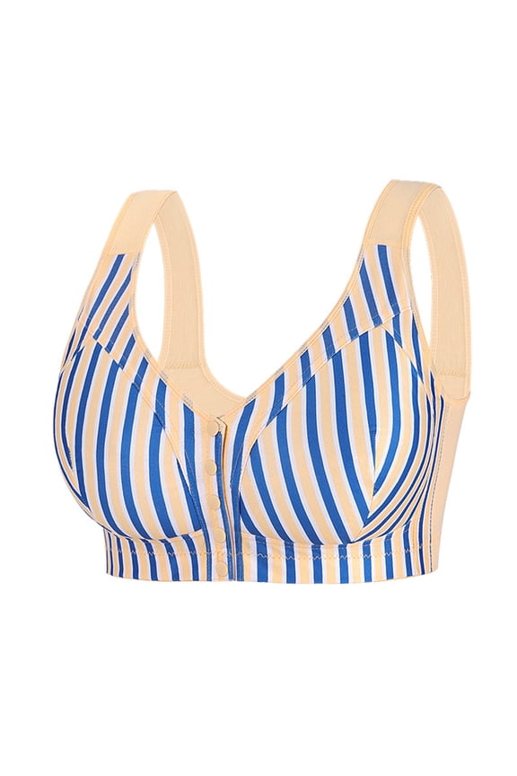 Women Plus Size Front Closure Wire Free Bra Striped Seamless Soft Support Bralette Comfort Everyday Beach Travel Wear, Beige 44C