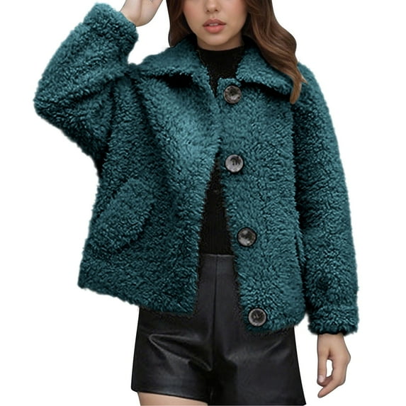 Women Plus Size Fuzzy Fleece Jacket Fall Casual Comfy Coat Lapel Button Long Sleeve Outerwear with Pockets New Green L