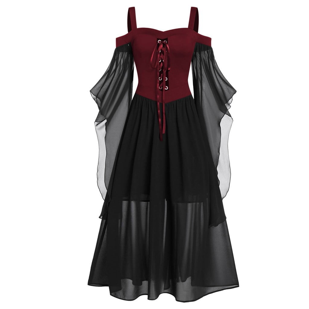 Women Plus Size Gothic Dresses Cold Shoulder Butterfly Sleeve Lace