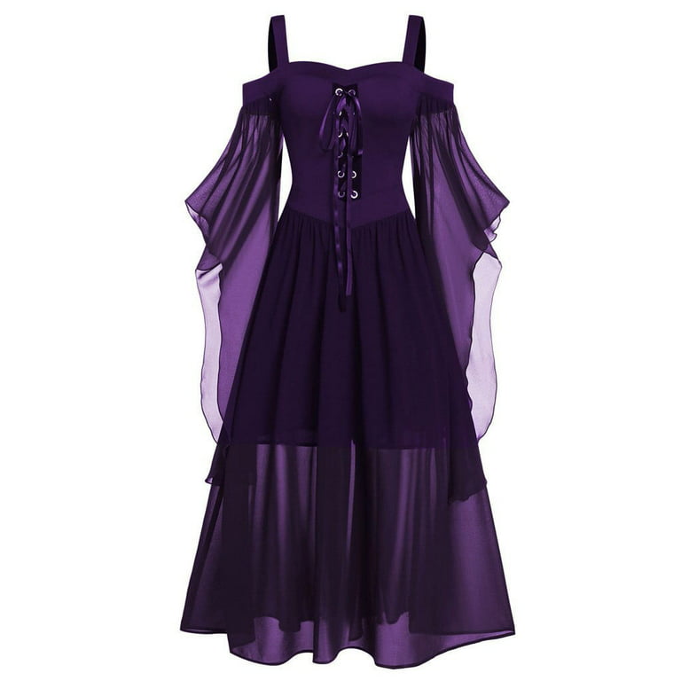 Women Plus Size Gothic Dresses Cold Shoulder Butterfly Sleeve Lace  Halloween Dress Irregular Hem Evening Party Dress