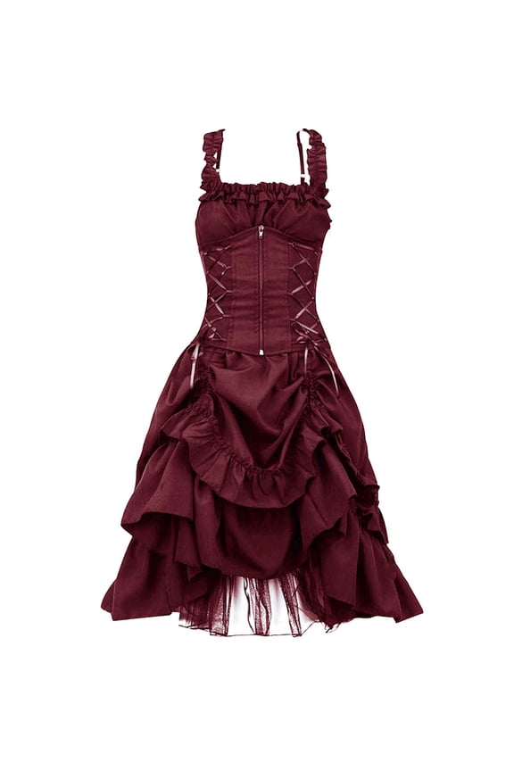 Women Plus Size Gothic Ruffle Tiered Long Dress Sleeveless Vintage Party Gown Lace-up Suspenders Corset Outfit (3X-Large, Wine)
