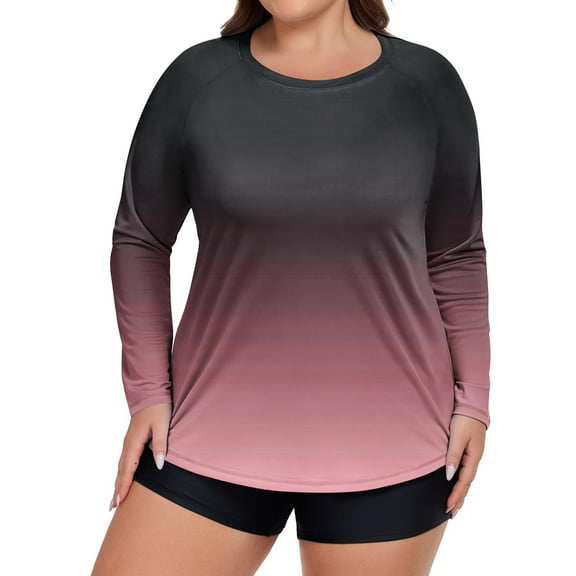 Women Plus Size Gradient Print Long Sleeve Rash Guard UV Protection Quick Dry Swim Shirt Sun Protection Hiking Top