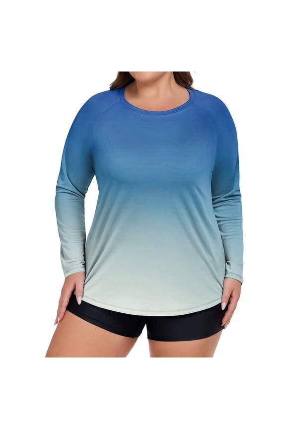 Women Plus Size Gradient Print Long Sleeve Rash Guard UV Protection Quick Dry Swim Shirt Sun Protection Hiking Top