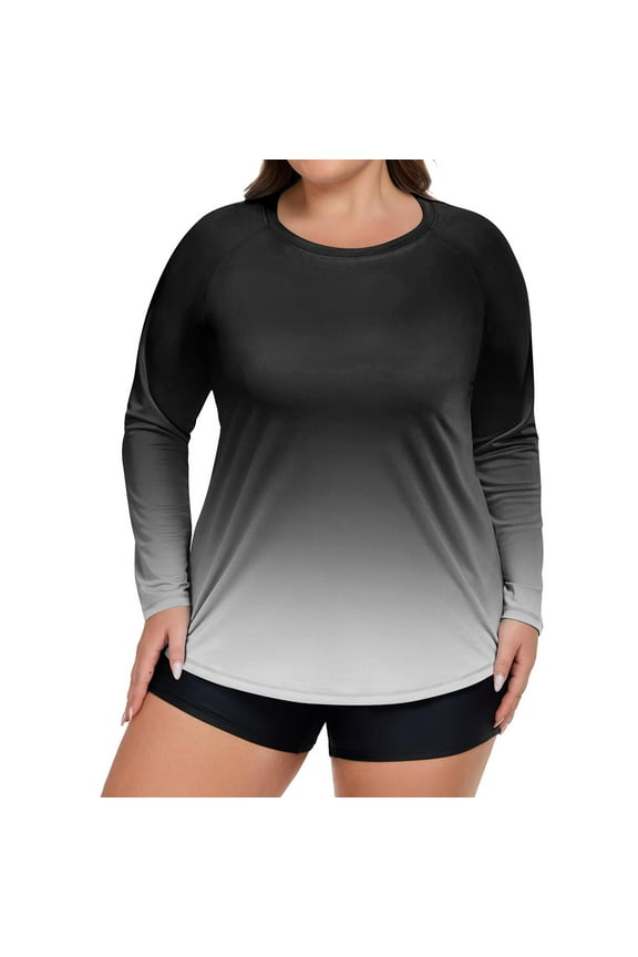 Women Plus Size Gradient Print Long Sleeve Rash Guard UV Protection Quick Dry Swim Shirt Sun Protection Hiking Top