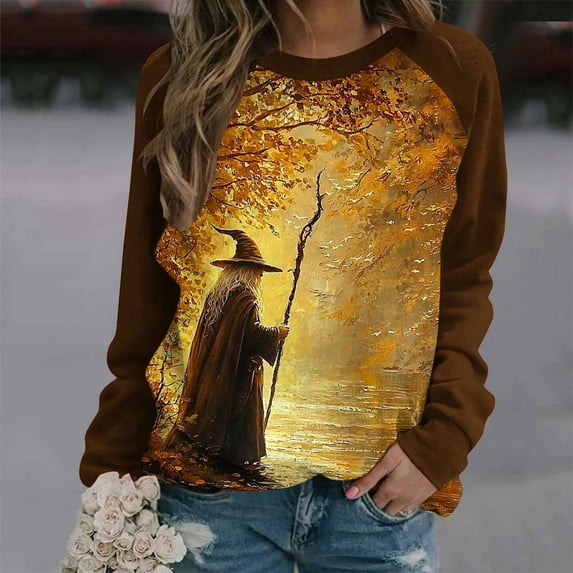 Xdegoge Women Plus Size Halloween Shirts Witch Graphic Tees Print Long Sleeve Sweatshirt Crew Neck Vintage T-Shirts 2025 Fall Season Festival Pullover Tops Family Funny Gifts