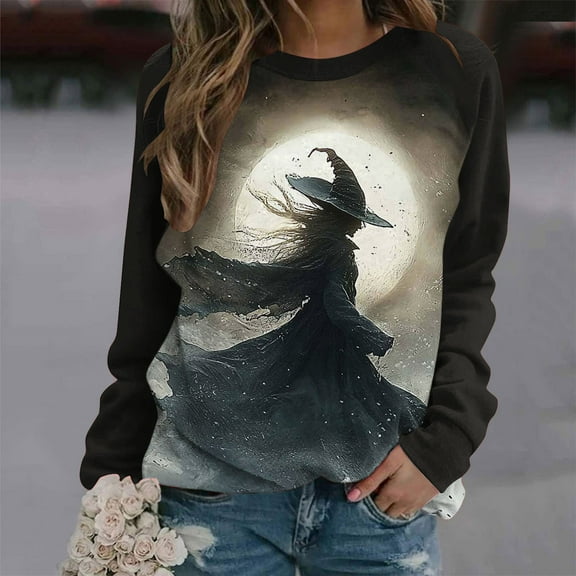Xdegoge Women Plus Size Halloween Shirts Witch Graphic Tees Print Long Sleeve Sweatshirt Crew Neck Vintage T-Shirts 2025 Fall Season Festival Pullover Tops Family Funny Gifts