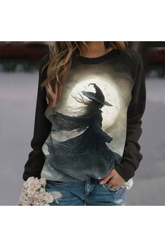 Women Plus Size Halloween Shirts Witch Graphic Tees Print Long Sleeve Sweatshirt Crew Neck Vintage T-Shirts 2025 Fall Season Festival Pullover Tops Family Funny Gifts