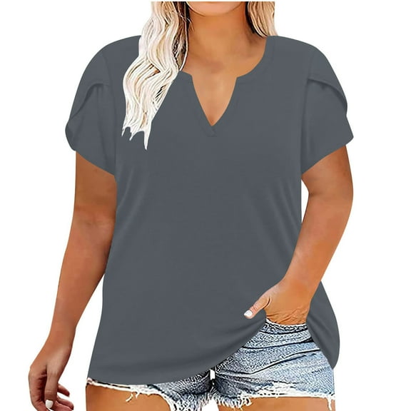 Women Plus Size Henley Tops Dressy V Neck Top Pleated Short Sleeve Blouses Casual Summer Work Business Shirts