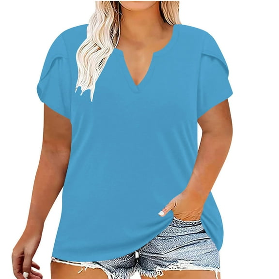 Women Plus Size Henley Tops Dressy V Neck Top Pleated Short Sleeve Blouses Casual Summer Work Business Shirts