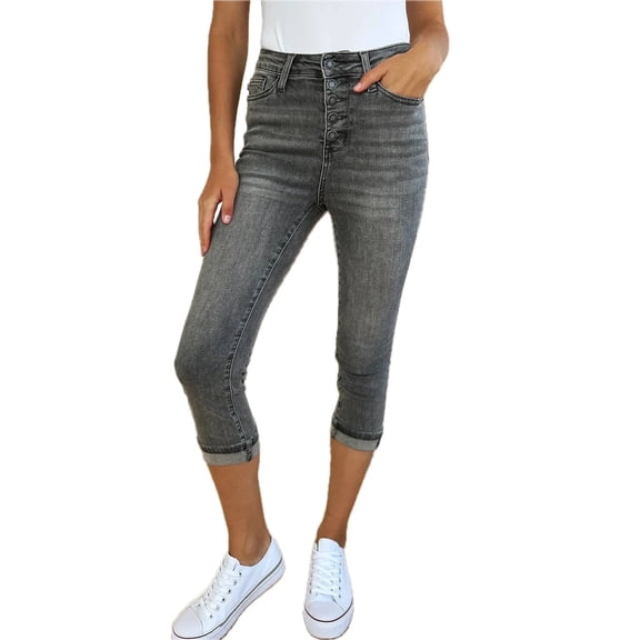 Women Plus Size High Waist Button Fly Cuffed Capris Summer Casual All Day Flattering Trendy Modern Pants Stretch