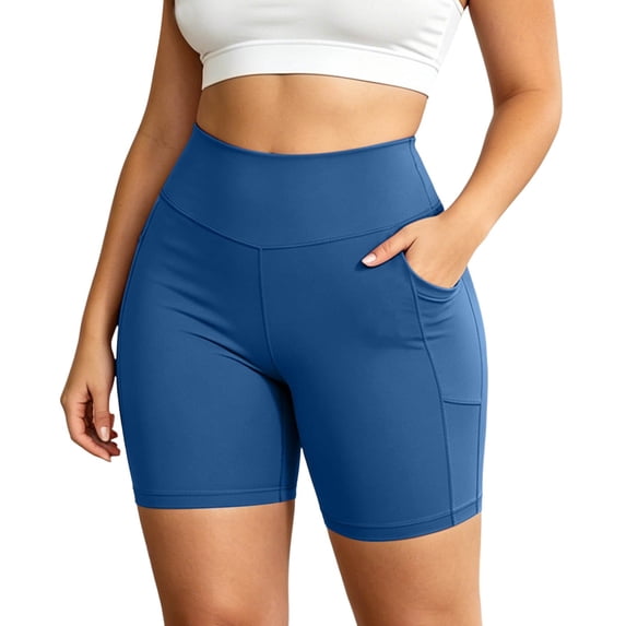Women Plus Size High Waisted Bike Shorts with Pockets, Stretch Athletic Workout Yoga Running Volleyball Shorts(Blue,XXXL)