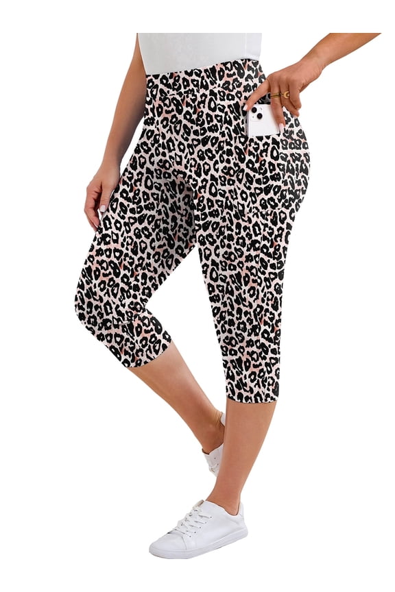 Women Plus Size High Waisted Capri Yoga Leggings with Pockets, Tummy Control Cropped Workout Pants for Gym & Running, Fancy Peachy Leopard, Size 4X