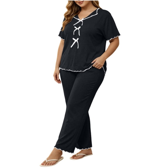 Women Plus Size Home Suit Lapel Short Sleeve Top with Bow Detail Lace Trim Long Pants Two Piece Pajama Set Household Sleepwear for Indoor Daily Use Black XL(XL)