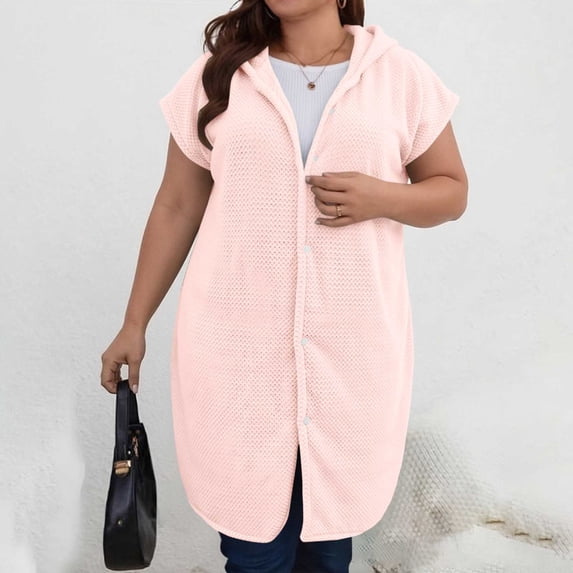 Women Plus Size Hooded Bath Robe Short Sleeve Button Down Nightgown Loungewear Lightweight Sleepwear Robe Dress Housecoat for Lounge Wearble Bath Towel